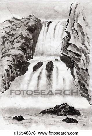 Waterfall, Ink Painting, Vignette View Large Illustration Stock Illustration - Waterfall, Ink Painting, Vignette. Fotosearch