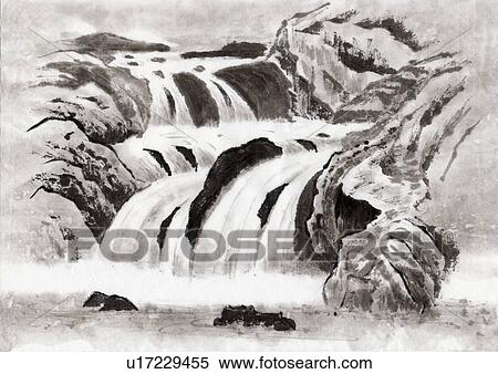 Stock Illustration - Waterfall, Ink Painting, Vignette. Fotosearch