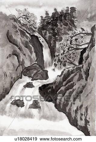 Waterfall, Ink Painting, Vignette View Large Illustration Stock Illustration - Waterfall, Ink Painting, Vignette. Fotosearch