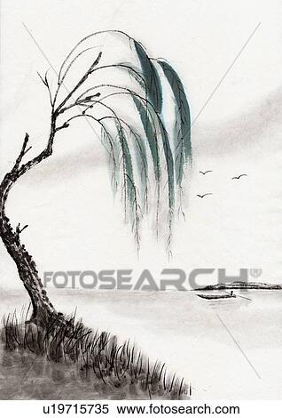 Stock Illustration - Willow and River, Ink Painting, Vignette. Fotosearch