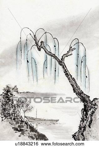 Willow, Ink Painting, Vignette View Large Illustration Stock Illustration - Willow, Ink Painting, Vignette. Fotosearch