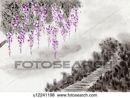 Stock Illustration - Wistaria Vine, Ink Painting, Vignette. Fotosearch