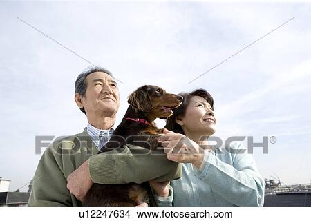 Picture - A Senior Adult Couple Looking Away with a Dog, Low Angle View. Fotosearch