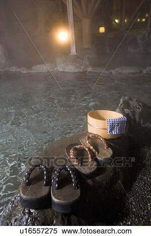 Geta and a Wooden Pail at the Outdoor Hot Spring View Large Photo Image Stock Photography - Geta and a Wooden Pail at the Outdoor Hot Spring. Fotosearch