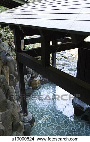 Picture - High Angle Image of a Rotenburo with the Roof. Fotosearch