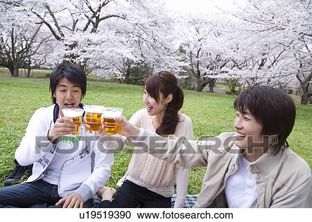 Stock Image - Three young people toasting with glasses, surrounded with cherry blossoms, side view, Japan. Fotosearch