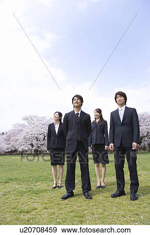 Stock Photo - Young business people standing at the field of cherry blossoms, low angle view, front view, copy space, Japan. Fotosearch