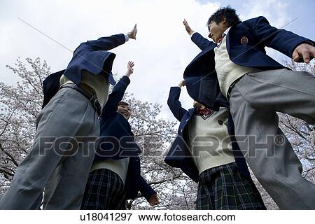 Four teenagers giving high fives, and surrounded with cherry trees, low angle view, Japan View Large Photo Image Stock Photo - Four teenagers giving high fives, and surrounded with cherry trees, low angle view, Japan. Fotosearch