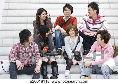 Seven College Students Talking at Stairs View Large Photo Image Stock Photo - Seven College Students Talking at Stairs. Fotosearch