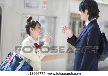 Picture - High school students at platform, smiling. Fotosearch