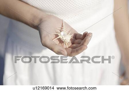 Picture - A young woman holding a shell. Fotosearch