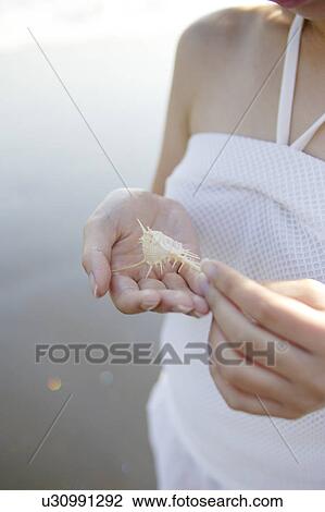 Stock Image - A young woman holding a shell. Fotosearch