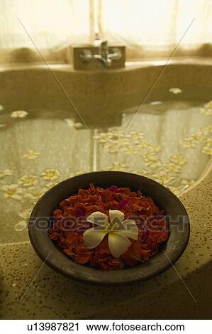 Bowl of flower petals on edge of bath View Large Photo Image Stock Image - Bowl of flower petals on edge of bath. Fotosearch