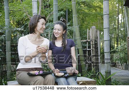 Stock Photo - Two young women drinking green tea. Fotosearch