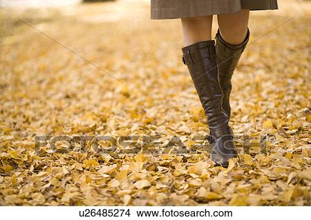 Picture - Young woman walking on fallen leaves. Fotosearch