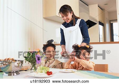 A mother serving breakfast to her children View Large Photo Image Stock Image - A mother serving breakfast to her children. Fotosearch