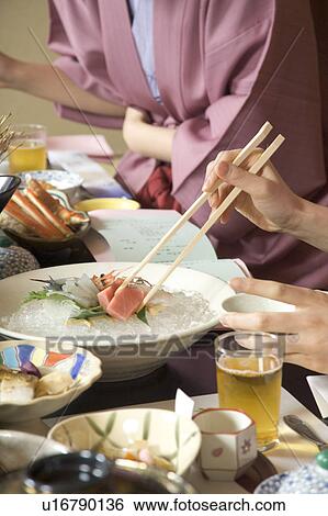 Two young women eating dinner in Japanese style inn, close-up View Large Photo Image Stock Photograph - Two young women eating dinner in Japanese style inn, close-up. Fotosearch