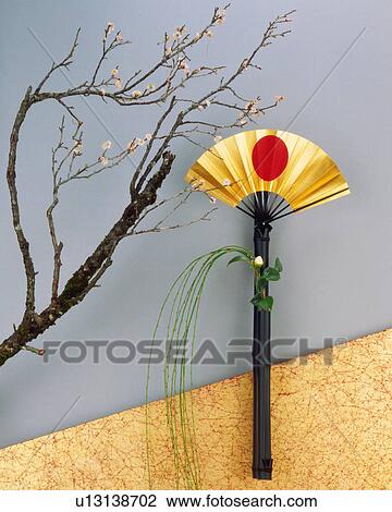 Stock Image - Folding fan and Japanese plum. Fotosearch