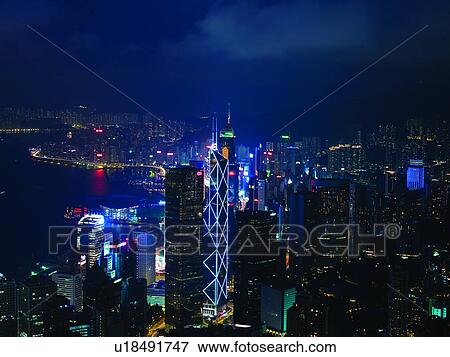 China, Hong Kong, skyscrapers and harbor, night, aerial view View Large Photo Image Stock Photo - China, Hong Kong, skyscrapers and harbor, night, aerial view. Fotosearch