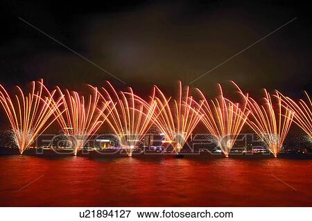 Stock Photo - Fireworks in Victoria Harbour. Fotosearch