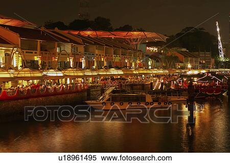 Stock Photography - Riverside Point restaurants and cafes along Singapore River, Singapore's Boat Quay. Fotosearch