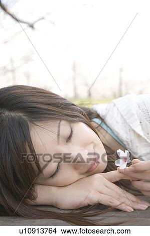 Picture - Cherry tree and woman. Fotosearch