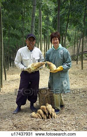 Stock Image - Mature couple holding bamboo shoots. Fotosearch