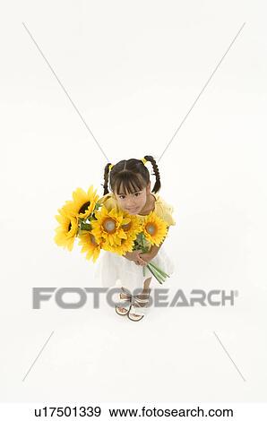 Girl holding sunflowers View Large Photo Image Stock Photo - Girl holding sunflowers. Fotosearch