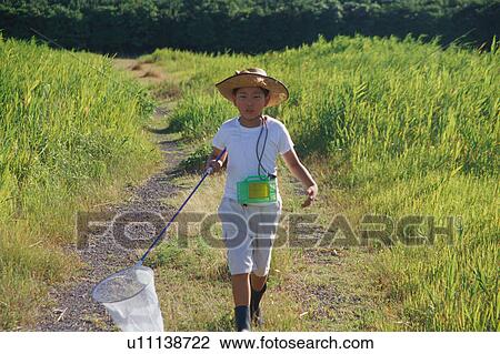 Boy walking in field with butterfly net View Large Photo Image Stock Image - Boy walking in field with butterfly net. Fotosearch