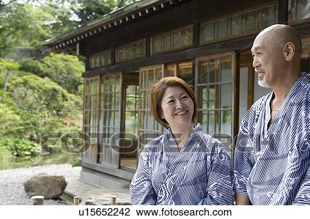 Stock Image - Senior couple wearing yukata. Fotosearch