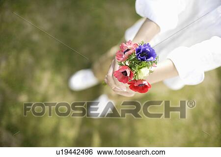 Stock Photograph - View of a woman holding flowers. Fotosearch