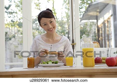View of a cheerful woman having breakfast View Large Photo Image Stock Image - View of a cheerful woman having breakfast. Fotosearch