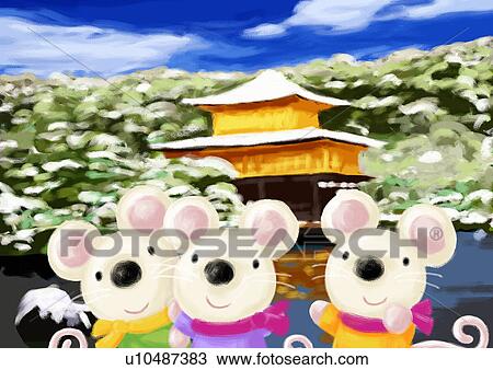 Drawing - Mouse's family front of Japanese Temple. Fotosearch