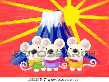 Stock Illustration - Mouse's family front of Mt. Fuji and sunrise . Fotosearch