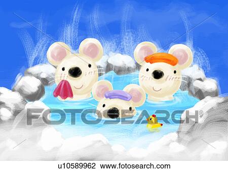 Drawing - Mouse's family in hot spring. Fotosearch