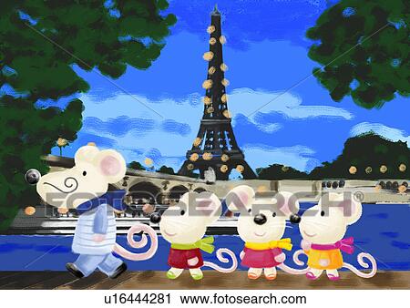 Clip Art - Mouse's family in traveling Paris. Fotosearch