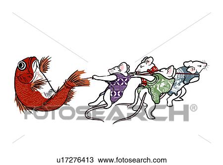 Mouse's Japanese New Year View Large Illustration Drawing - Mouse's Japanese New Year. Fotosearch