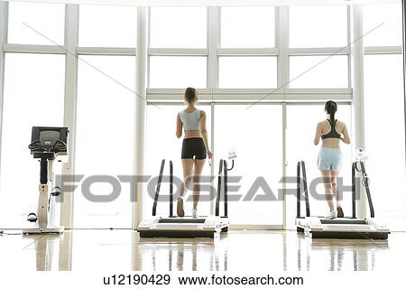 Two young women on walker as they exercise in a well equipped gym View Large Photo Image Stock Photo - Two young women on walker as they exercise in a well equipped gym. Fotosearch
