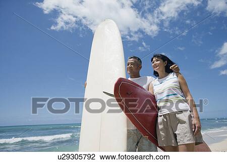 Stock Image - Profile of a couple with surfboards at beach. Fotosearch