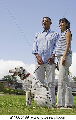 Stock Photo - A couple standing in lawn with dog. Fotosearch