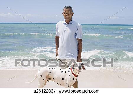 Man standing with dog at beach View Large Photo Image Stock Photo - Man standing with dog at beach. Fotosearch