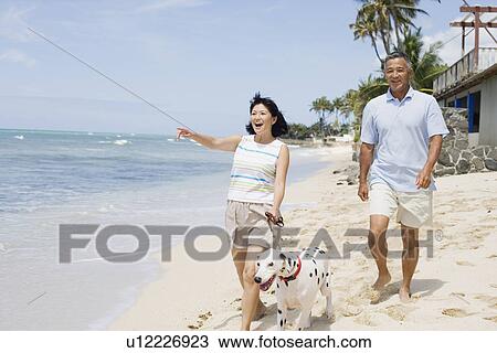 Stock Image - View of a couple walking with dog at beach. Fotosearch