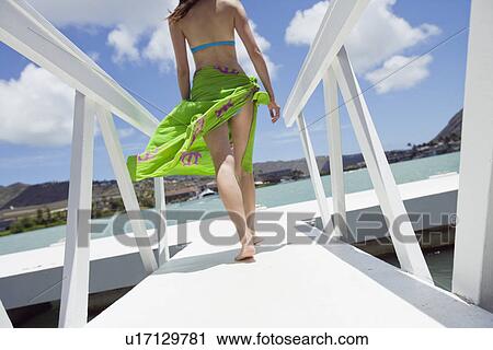 Stock Image - Rear view of a woman walking on a pier. Fotosearch