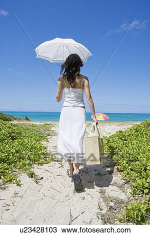 Stock Image - Rear view of a woman walking towards beach. Fotosearch