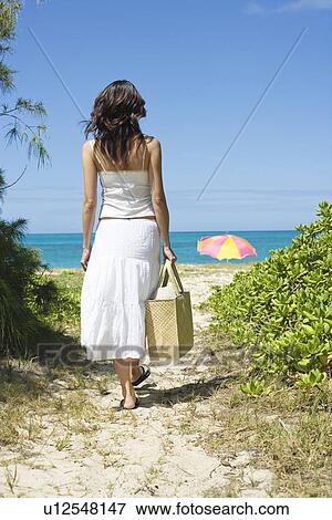 Rear view of a woman walking towards beach View Large Photo Image Stock Photo - Rear view of a woman walking towards beach. Fotosearch