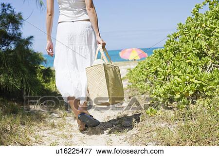 Stock Photo - Rear view of a woman walking towards beach. Fotosearch