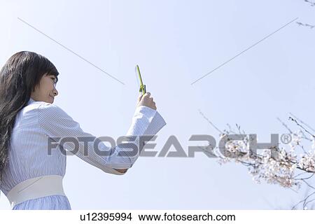 Picture - Young Woman Taking Photograph with a Mobile Phone, Side View. Fotosearch