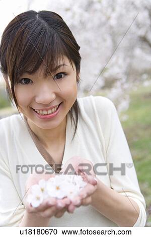 Portrait of a woman scooping up cherry flowers with hands, smiling and looking at camera, front view, Japan View Large Photo Image Stock Image - Portrait of a woman scooping up cherry flowers with hands, smiling and looking at camera, front view, Japan. Fotosearch