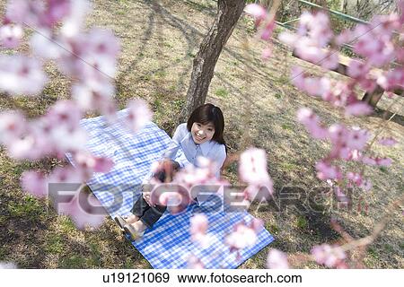 Portrait of woman sitting on a leisure sheet under the cherry tree, smiling and looking at camera, high angle view, Japan View Large Photo Image Stock Photo - Portrait of woman sitting on a leisure sheet under the cherry tree, smiling and looking at camera, high angle view, Japan. Fotosearch