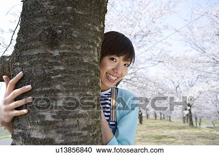 Portrait of woman standing behind the cherry tree, smiling and looking at camera, front view, Japan View Large Photo Image Stock Image - Portrait of woman standing behind the cherry tree, smiling and looking at camera, front view, Japan. Fotosearch